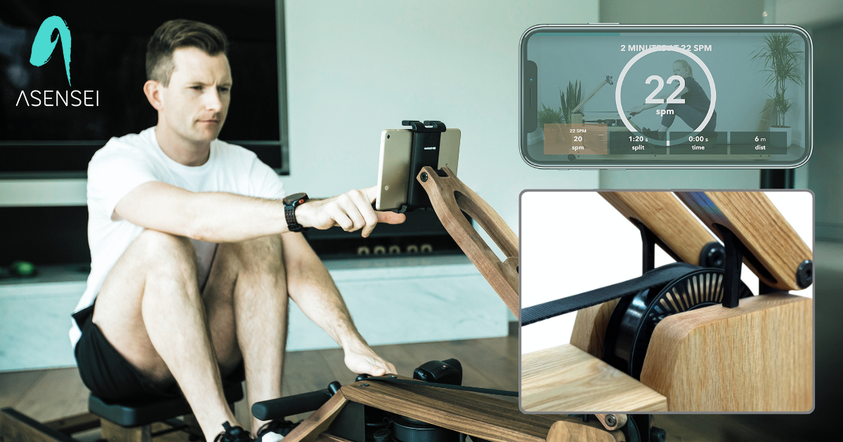 closeup of waterrower with powerpulley and asensei rowing app